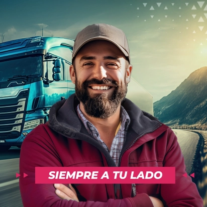 imagen de un camión en una ruta con un atardecer y un camionero sonriente por delante, con la frase 